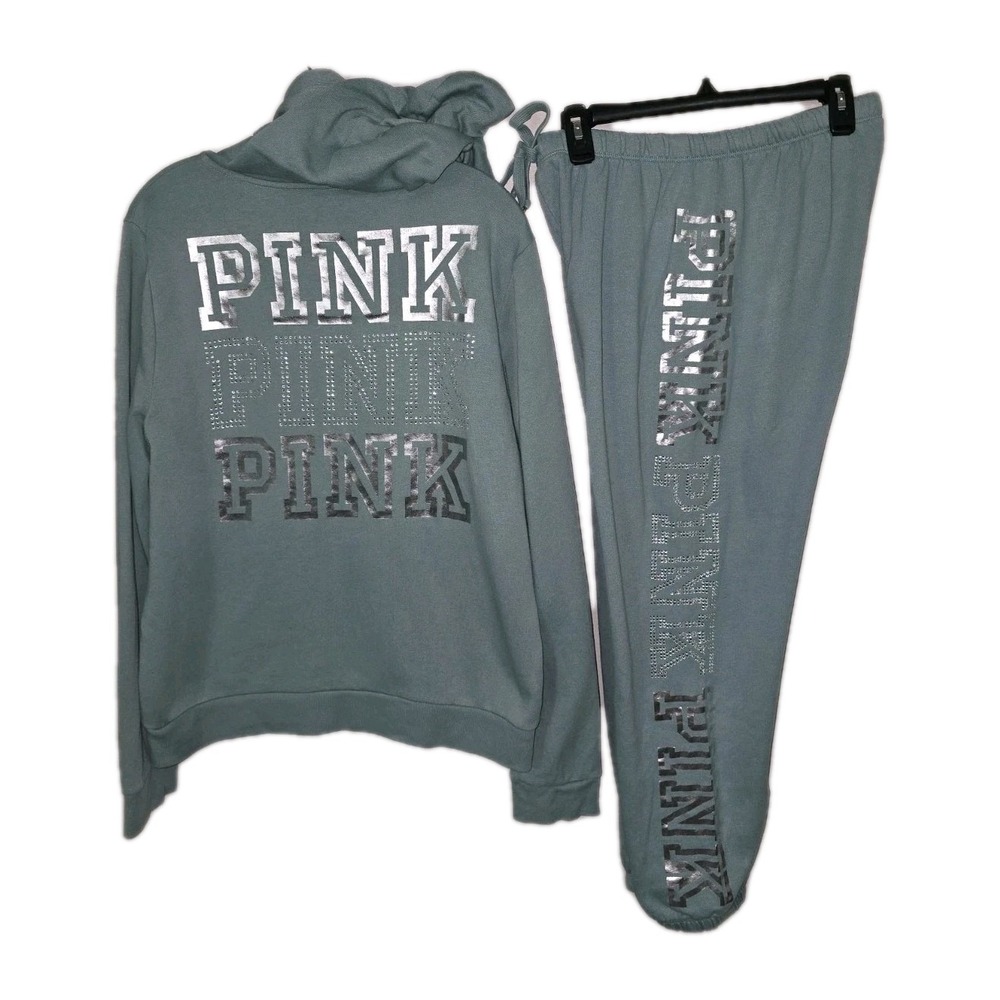 Victoria's Secret Pink Bling Rhinestone Full Zip Hoodie & Jogger Set Oil Blue L